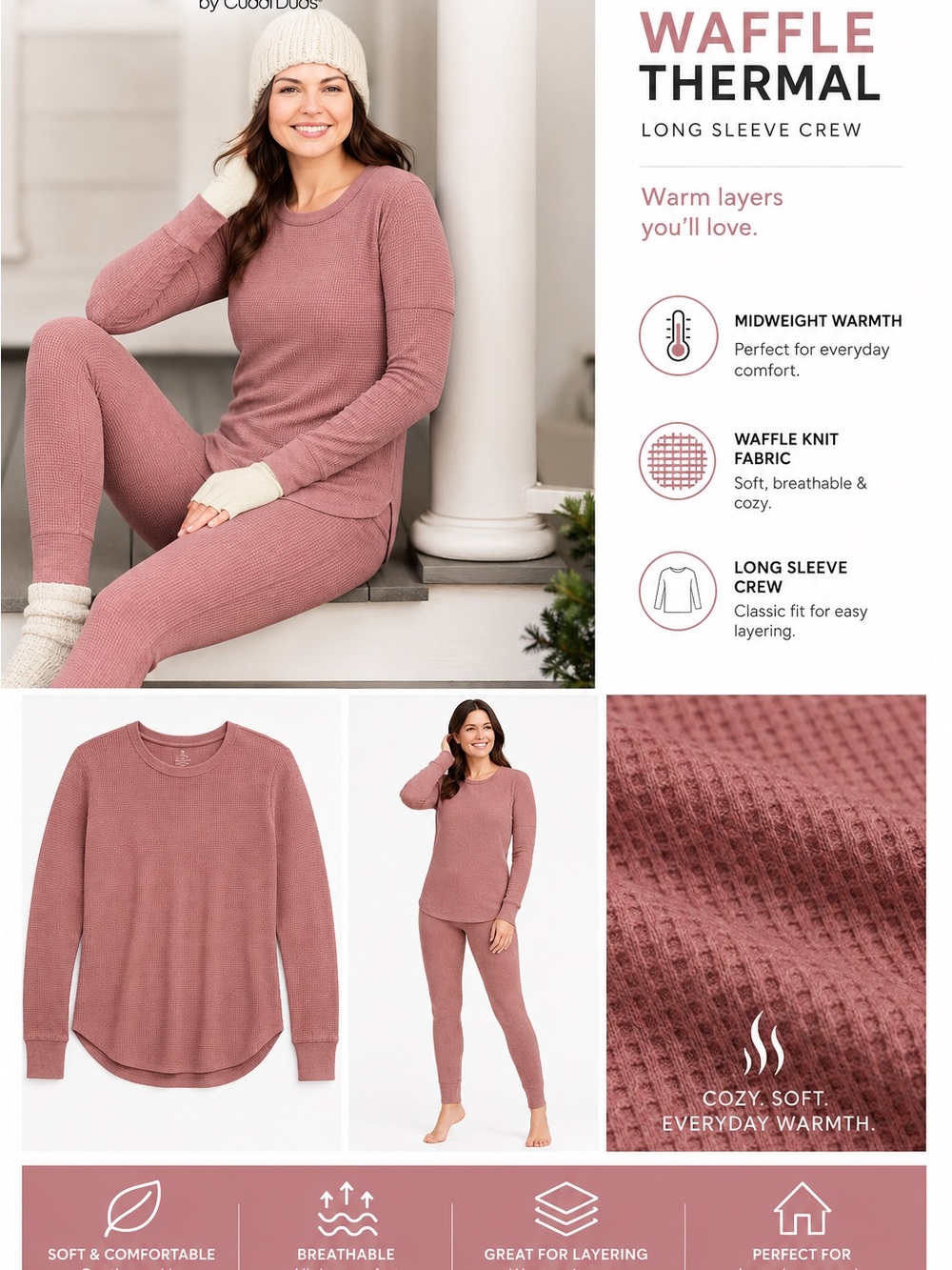 Waffle Thermal Long Sleeve Crew in Dusty Rose by Cloud 9